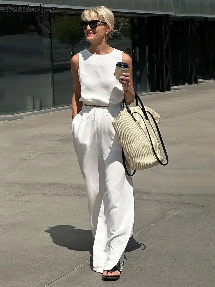 Cotton Linen Suit Short Summer Sleeveless Elastic Cropped Outfit Top Trousers Slit Two Piece Set