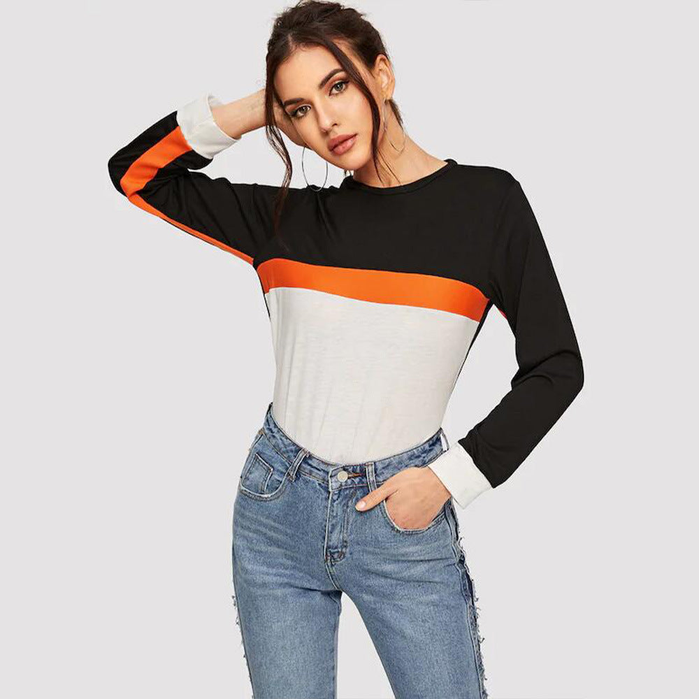 Spring Summer Women Clothing round Neck Pullover Solid Color Stitching Long Sleeve T Top Women Sweatshirt