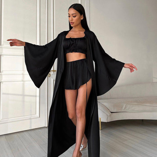 Light Luxury Black Satin Comfortable Robe Suspender Shorts Pajamas Three Piece Set Homewear