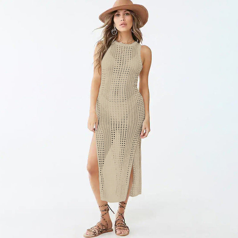 Knitted Sexy Hollow Out Cutout Split Beach Cover-up Dress Vacation Sun Protection Shirt Beach Cover Up