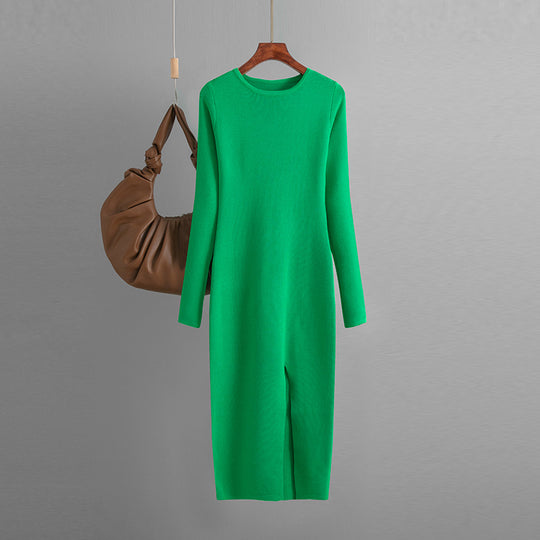 Autumn Winter Slim Fit Knitted Dress Women Inner Wear Outer Wear Mid Length Long Sleeve Tight Bottoming Hip