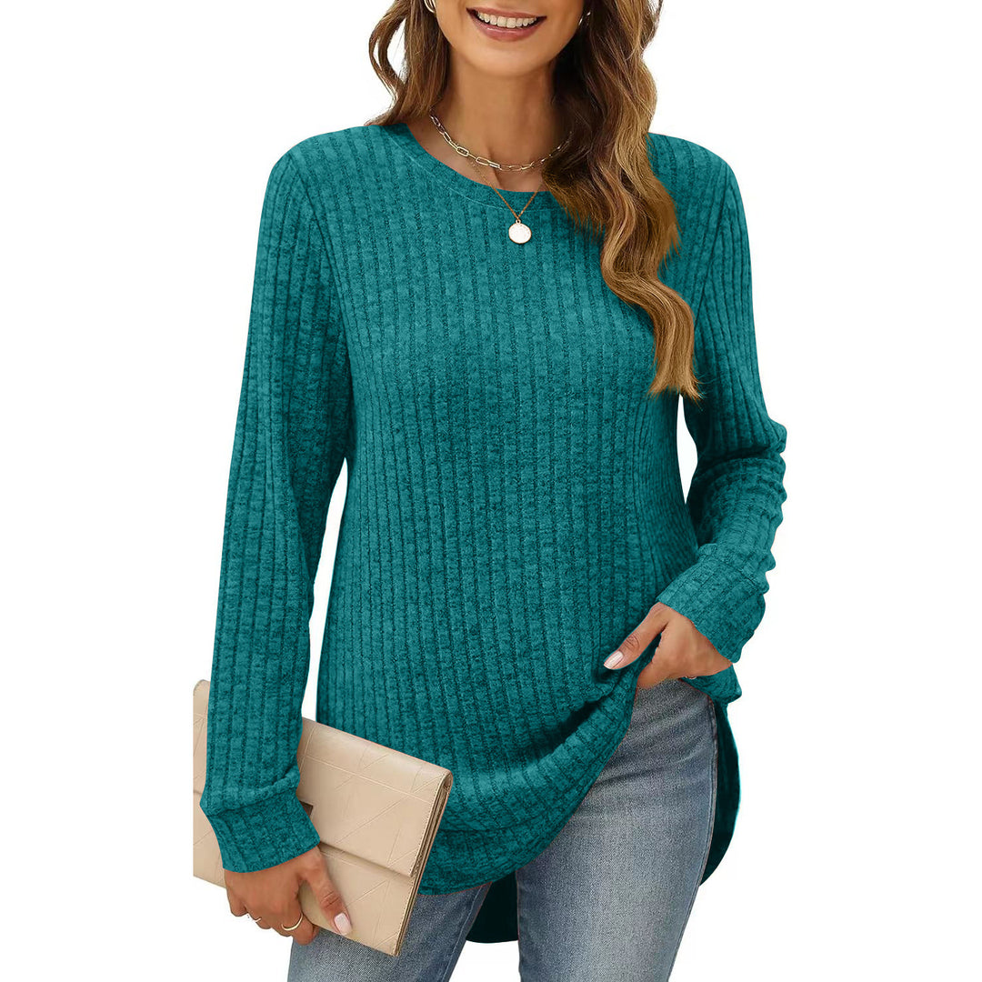 Autumn Winter Solid Color Round Neck Long Sleeve Brushed Loose Fitting T Shirt Top Women