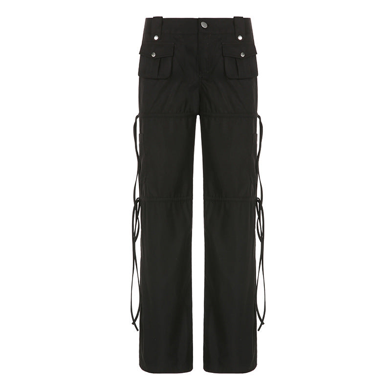 High Street Pocket Ribbon Stitching Straight Black Woven Pants Early Summer Sexy Low Waist Workwear Casual Pants