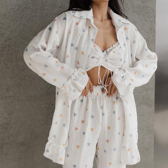 Summer Soft Skin Friendly Cotton Pajamas Women Colored Loving Heart Ruffled Underwear Long Sleeve Trousers Three Piece Set