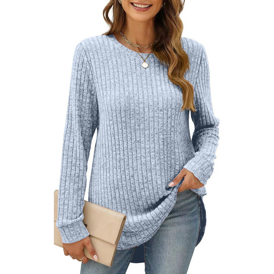 Autumn Winter Solid Color Round Neck Long Sleeve Brushed Loose Fitting T Shirt Top Women