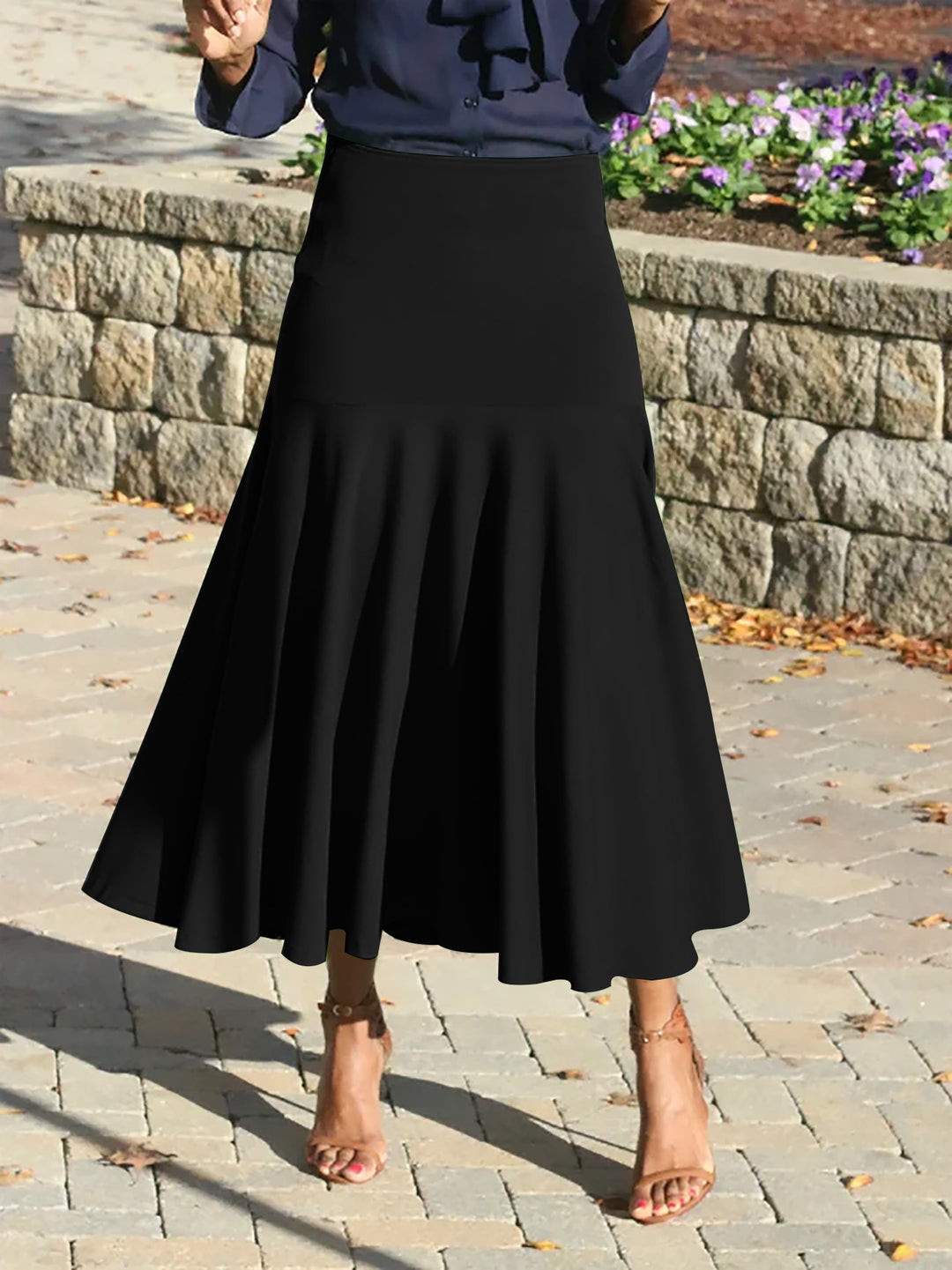 Women Clothing Spring Summer Elegant Solid Color Black Nipped Waist A Line Skirt