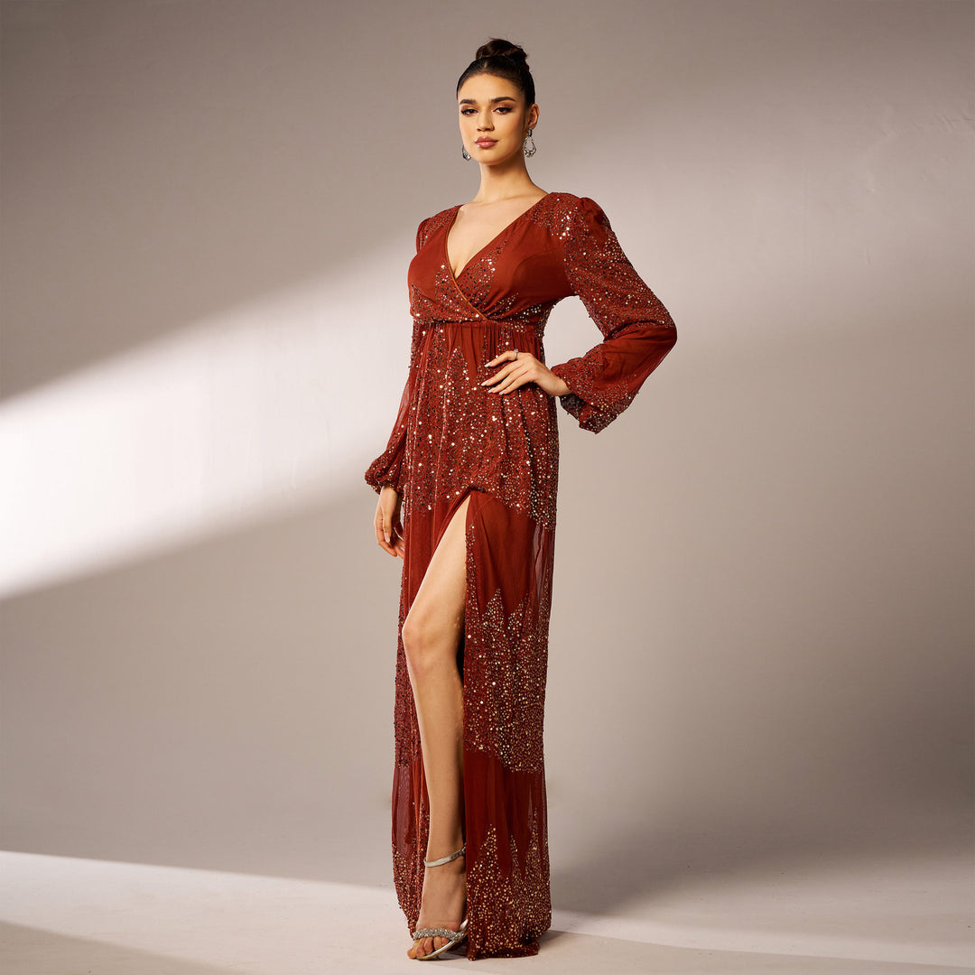 High End Long Sleeved Elegant V Neck Sexy Long Sequined Cocktail Evening Dress Bridesmaid Dress Dress Women