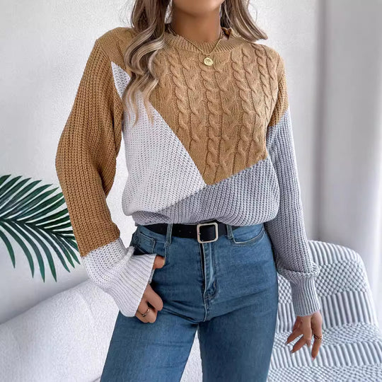 Autumn Winter Casual Plain Stitch Contrast Color Twist Knitted Long Sleeve Pullover Women Clothing