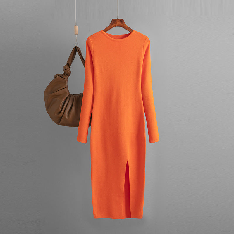 Autumn Winter Slim Fit Knitted Dress Women Inner Wear Outer Wear Mid Length Long Sleeve Tight Bottoming Hip