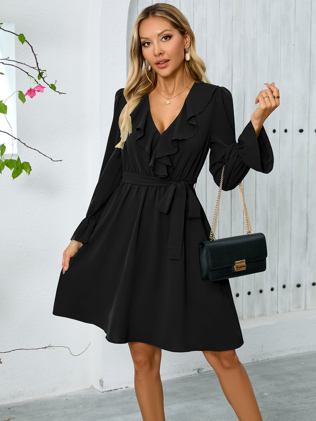 Autumn Winter Elegant Graceful Women Lotus Leaf V Neck Long Sleeve Dress