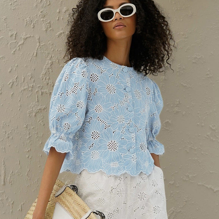 Women Embroidery Short Shirt Flared Sleeves Cropped Exposed Shirt Top