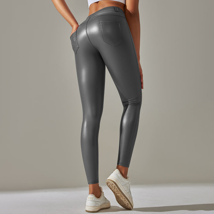Faux Leather Pants High Elastic Sexy Solid Color Bright Surface Thin Velvet Tight Pocket Fitness Trousers Running Yoga Pants