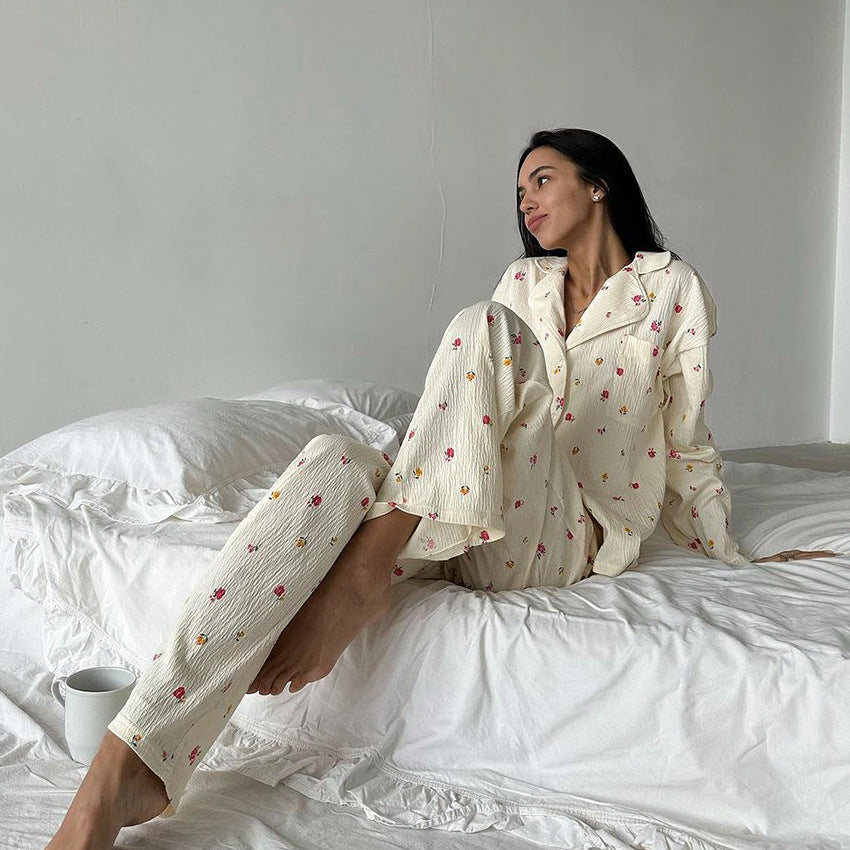 Spring Sexy Design Printed Long Sleeved Trousers Pajamas Two Piece Soft Knitted Home Wear Women