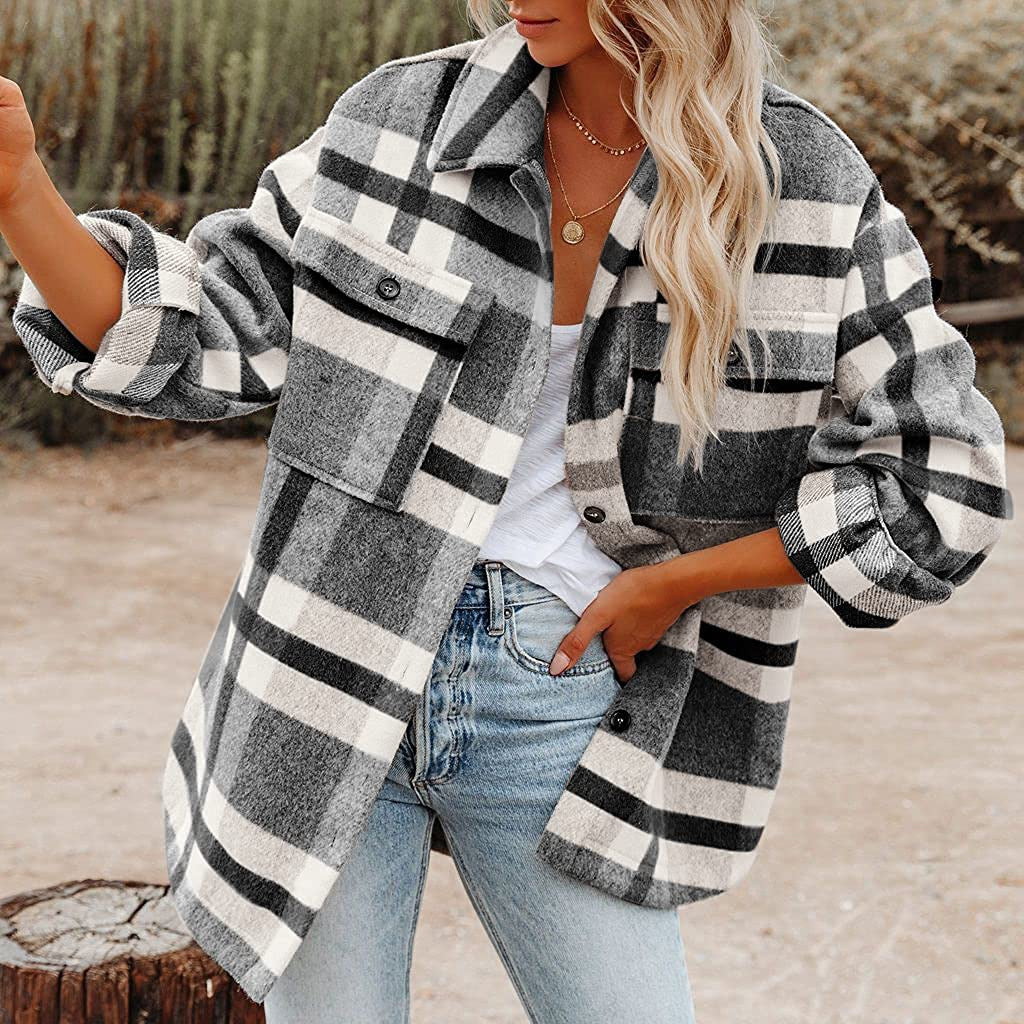 Women Clothing Autumn Winter New Plaid Button Shacket Flannel Woolen Coat Coat