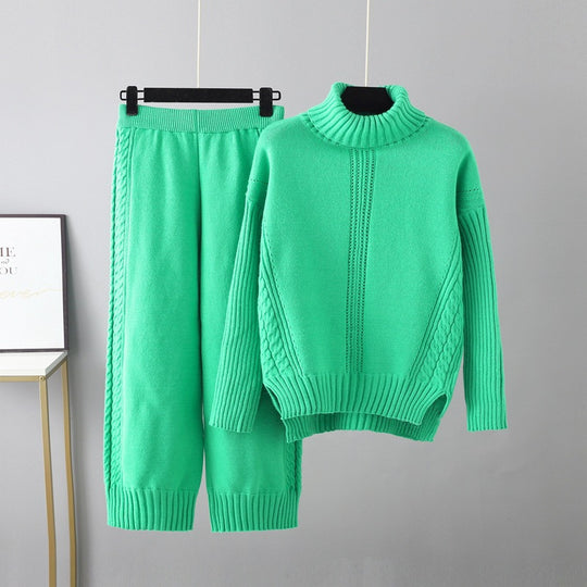 Turtleneck Pullover Thickened Knitting Sweater Casual Set Women Autumn Winter Loose Idle Wide Leg Pants Two Piece Set