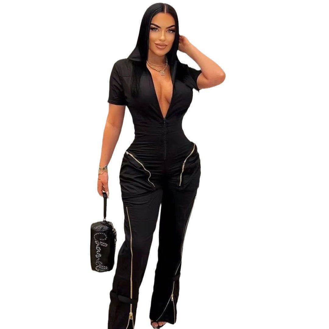 Sexy Summer Zipper Workwear with Pocket Jumpsuit