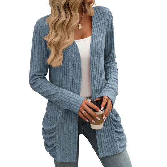 Autumn Winter Solid Color Rib Fabric Brushed Pocket Cardigan Long Sleeve Coat Women