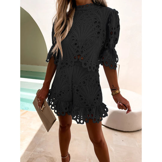 Spring Summer Lace Suit Casual Loose Hollow Out Cutout Zipper Two Piece Set for Women