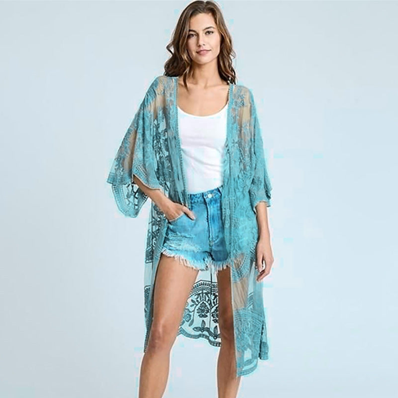 Lace Mesh Embroidered Beach Cover up Sexy Cardigan Sunscreen Beach