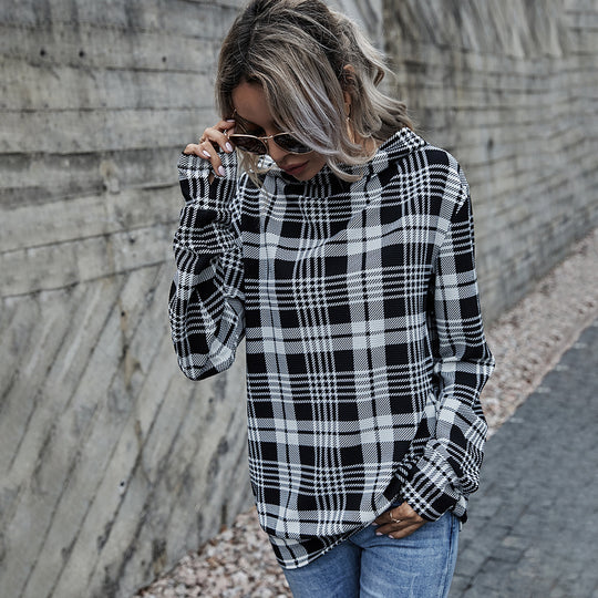 Spring Autumn Women Clothing Hooded Pullover Plaid Women Casual Sweatshirt Women