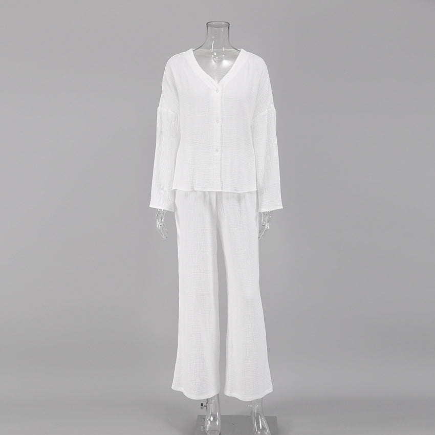 Summer Double Layer Crepe V-neck French Loose Comfortable Long Sleeve Pajamas Women  Cotton Linen Homewear Set