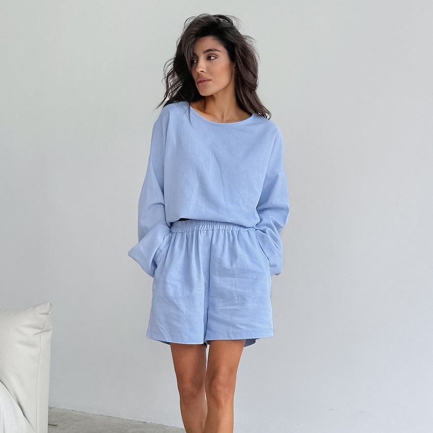 Spring Cotton Linen Round Neck Long Sleeve Shorts Pajamas Two Piece Set Simple Comfortable Ladies Homewear