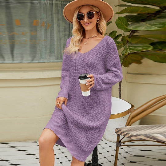 Women Clothing Loose Solid Color Knitted Sweater Dress Autumn Winter Long Idle Pullover Sweater Dress