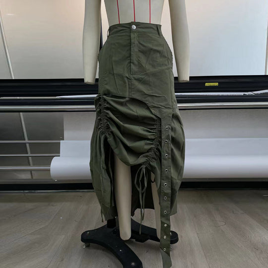 Women Drawstring Skirt Millennium Side Pleated Tie Irregular Asymmetric Skirt