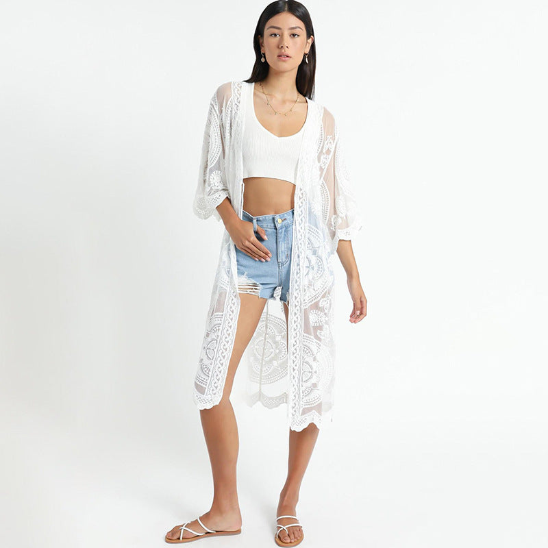 New Lace Embroidered Mid-Length Beach Cover-up Sexy Cardigan Vacation Sun Protection Shirt Swimsuit Blouse