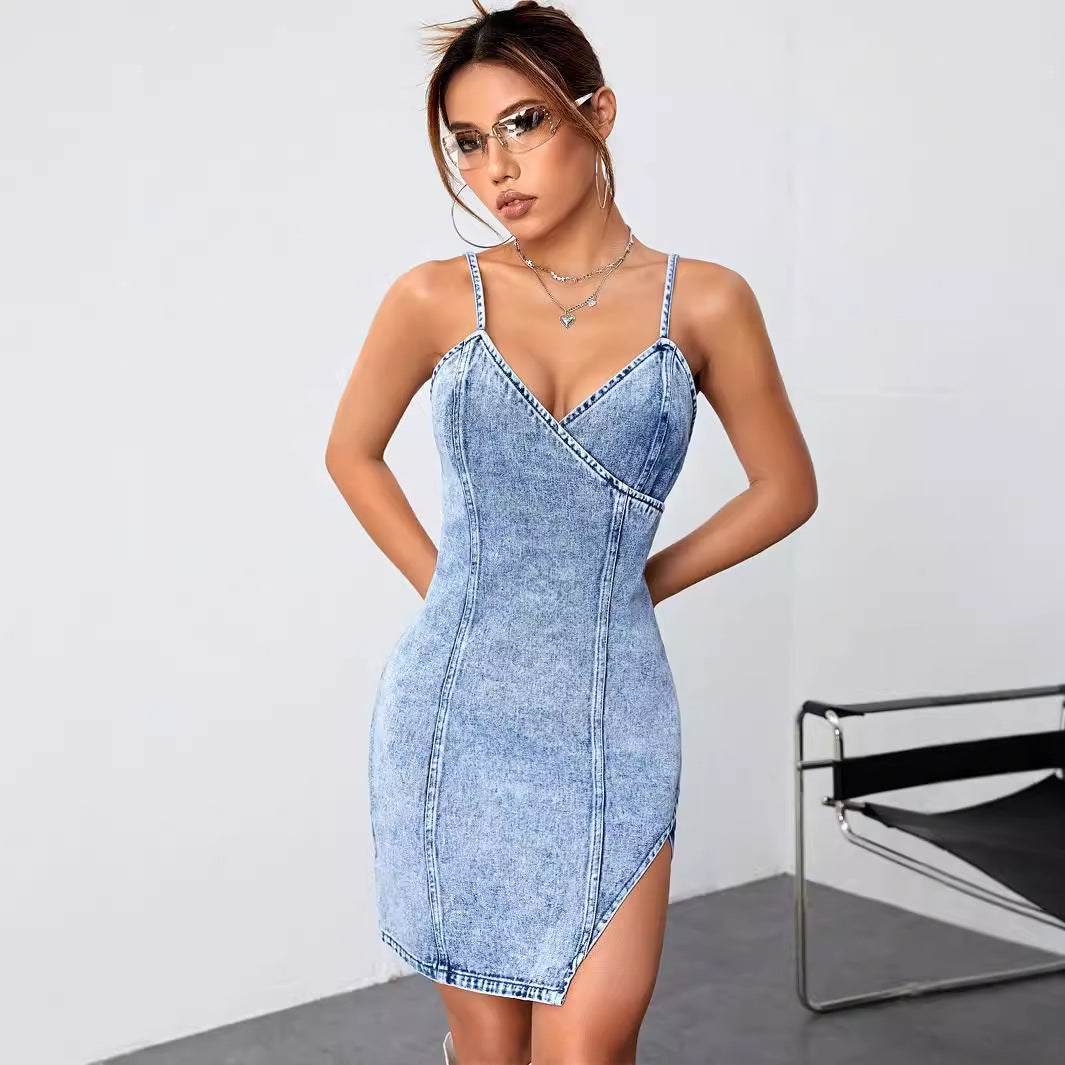 Women Clothing Slim Fit V neck Brace Backless Irregular Asymmetric Denim Dress