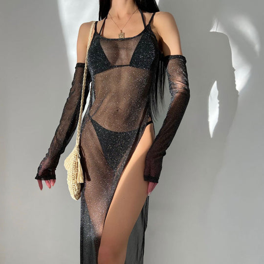 Beach Sexy Blouse Side Slit Mesh Solid Color Beach Half Sleeve Suit