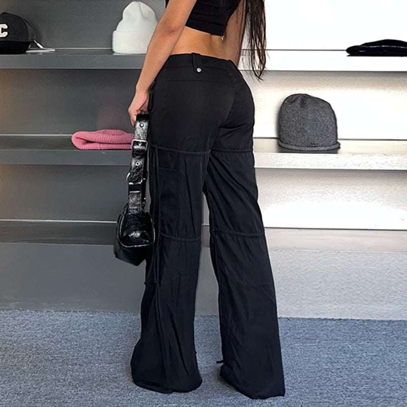 High Street Pocket Ribbon Stitching Straight Black Woven Pants Early Summer Sexy Low Waist Workwear Casual Pants