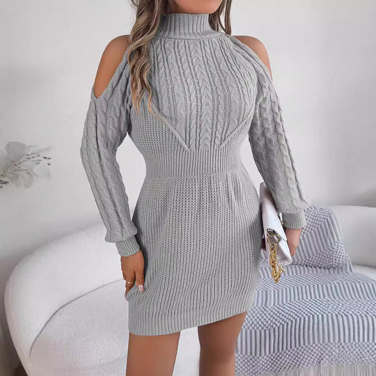 Autumn Winter Casual Off The Shoulder Half Turtleneck Twist Lantern Sleeve Package Hip Sweater Dress Women Clothing