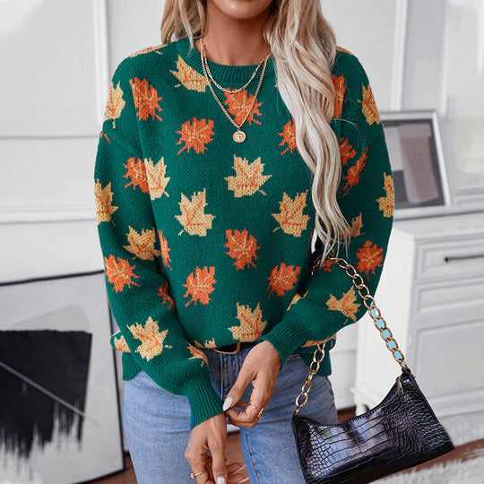 Autumn Winter Sweater Women Maple Leaf Pattern Jacquard Casual Pullover Sweater Women Clothing