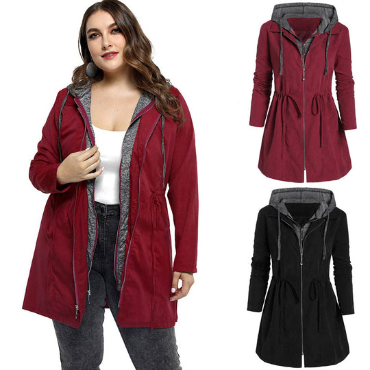 Mid-Length Cotton-Padded Coat Women Winter Coat Zipper Faux Two-Piece Hooded plus Size Cotton Clothes Women