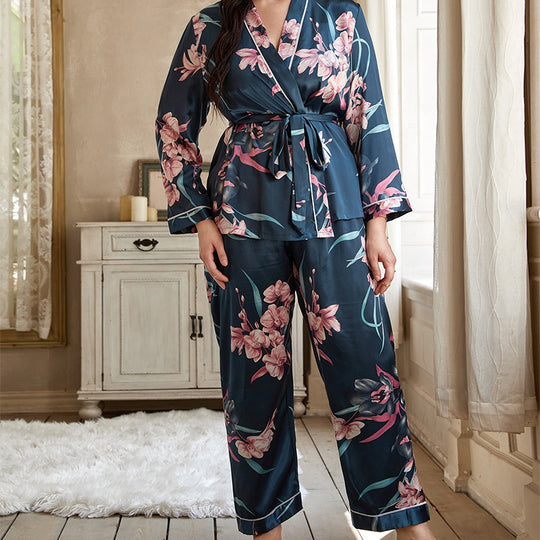 plus Size Pajamas Women Cardigan Lace up Nightgown Pajama Pants Casual Loose Home Women Suit