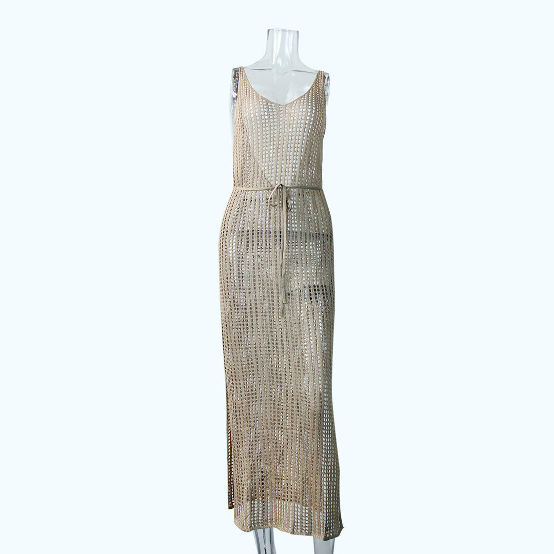 Beach Casual Solid Color Knitted Hollow Out Cutout Out Camisole Knitted Dress Blouse Outer Dress