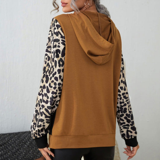 Casual Leopard Print Color Matching Long Sleeve round Neck Hooded T-shirt Loose Stitch Contrast Color Hoodie Top Women