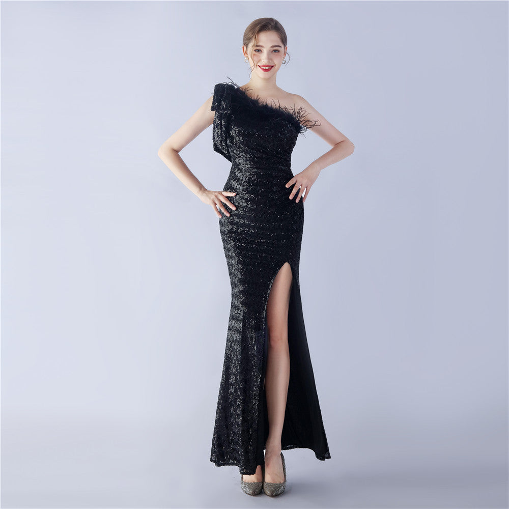 Craft Floral plus Ostrich Feather High End Sequined One Shoulder Evening Dress