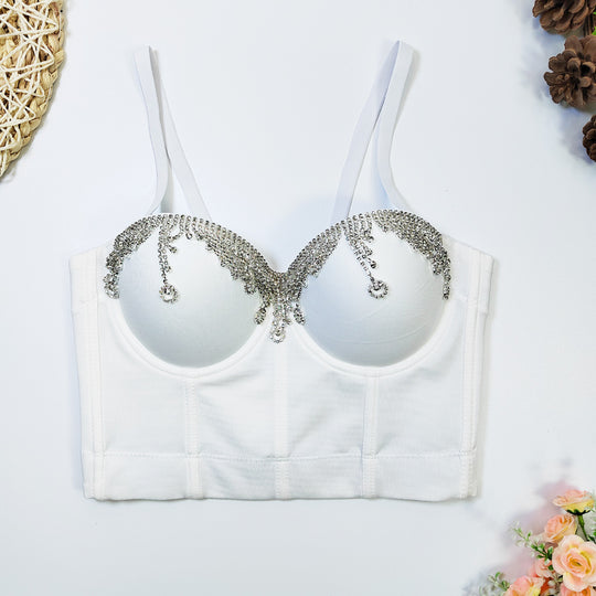 Body Shaping Boning Corset Bra With Steel Ring Sexy Corset Water Drop Metal Diamond Chain Tassel Strap Outer Wear Tube Top Women
