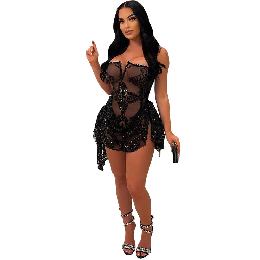 Sexy V Neck Tube Top See Through Sequ Dress Women Fashionable Irregular Asymmetric Dress