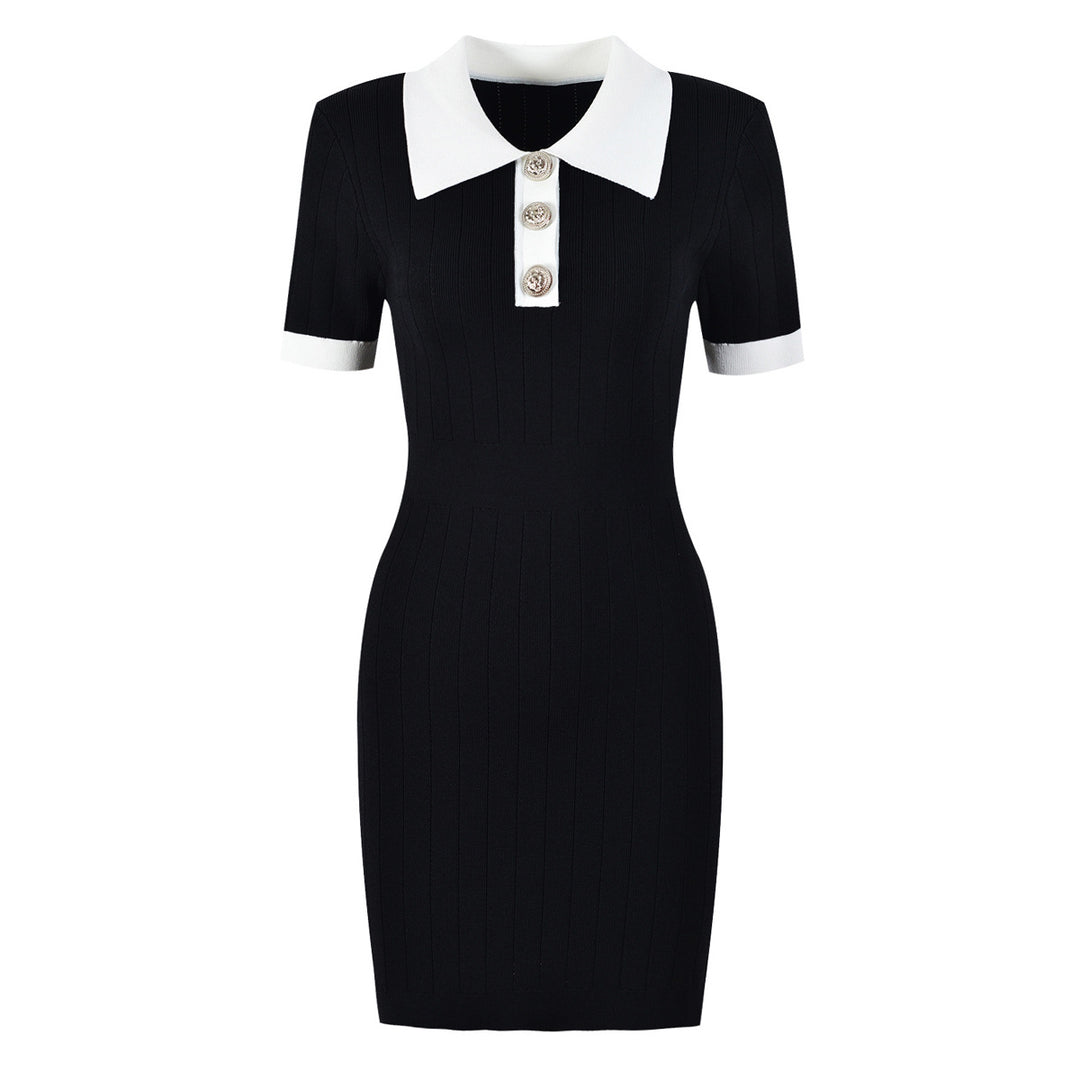 High Quality Knitted Material Collared Slim Slimming Short Sleeve Dress
