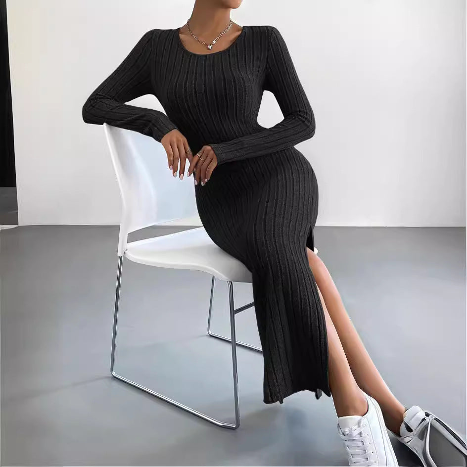 Autumn Winter Long Sleeve Crew Neck Split Knitted Maxi Dress Women