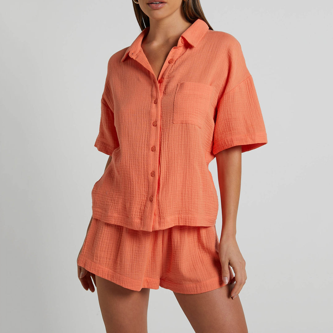 Solid Color Shirt Outfit Women  Casual Loose Short Sleeves Single Breasted Women  Clothing Spring Summer Shorts Two Piece Set