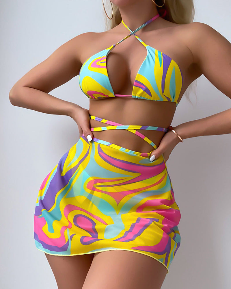 Printing Tied Spaghetti Strap Cross Halterneck High Waist Backless Bikini Three Piece Set