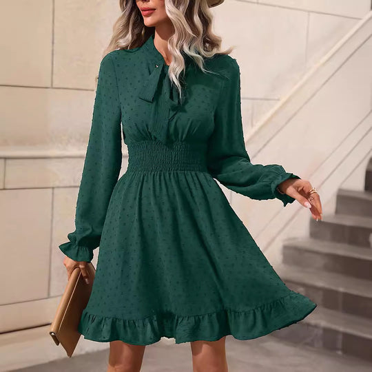 Spring Summer Women Clothing Tight Waist Solid Color Bow Tie Long Sleeve Dress