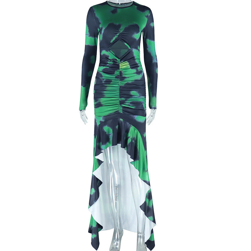 Round Neck Dress Digital Printing Long Sleeve Pullover Hollow Out Cutout Pleated Mid Waist Nightclub Asymmetric