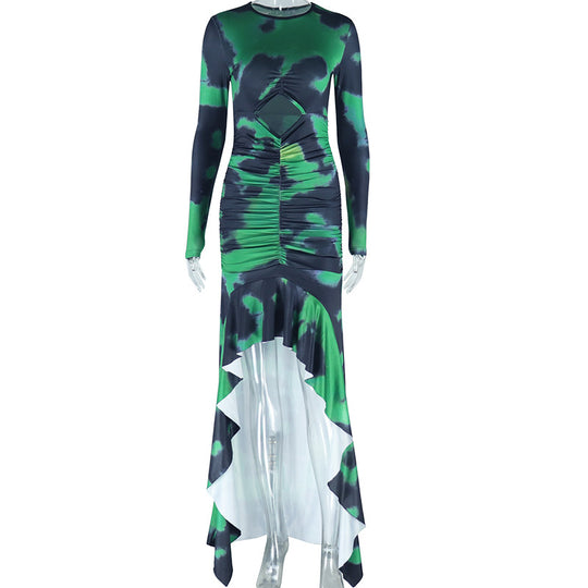 Round Neck Dress Digital Printing Long Sleeve Pullover Hollow Out Cutout Pleated Mid Waist Nightclub Asymmetric