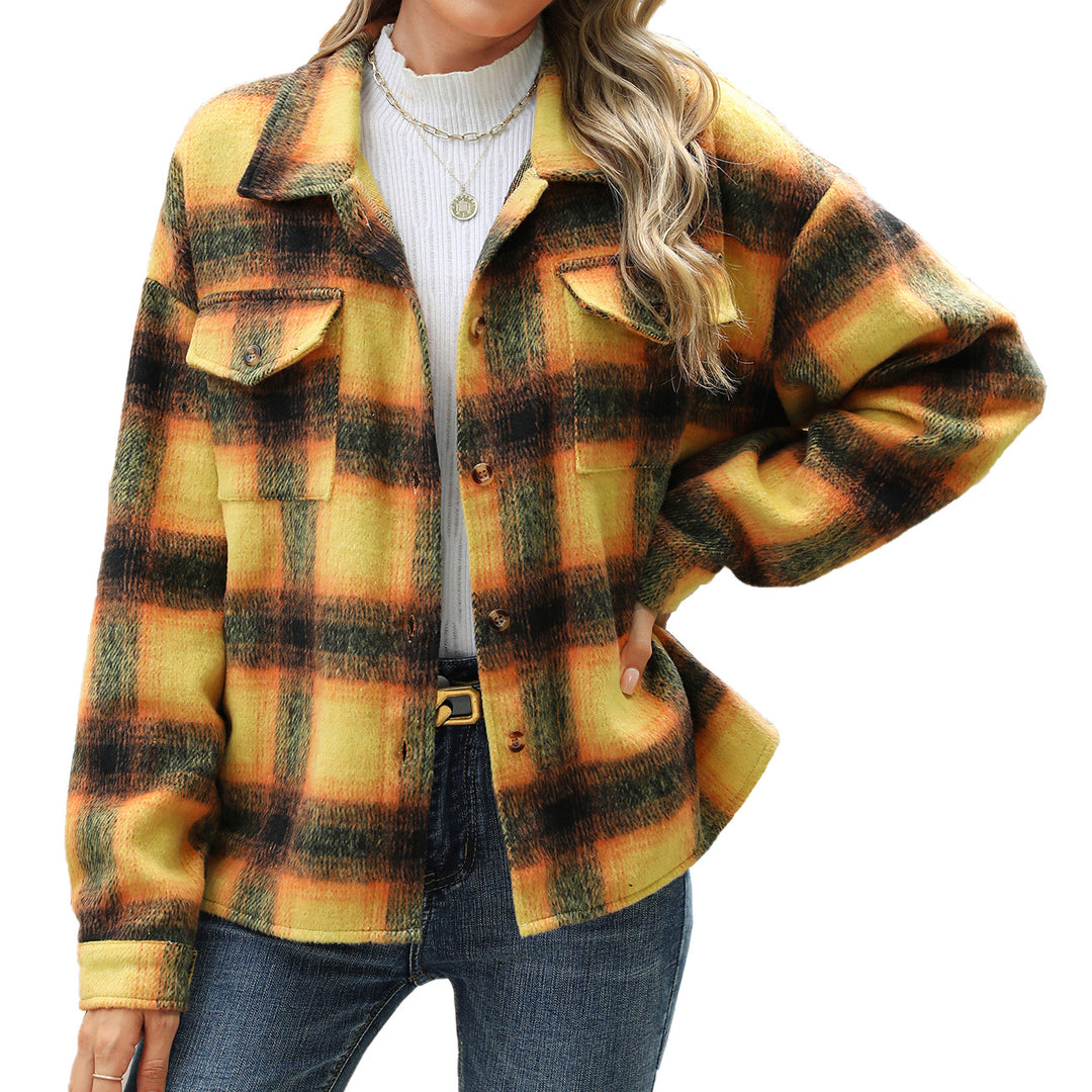 Autumn Winter Polo Collar Plaid Long Sleeve Loose Coat Women