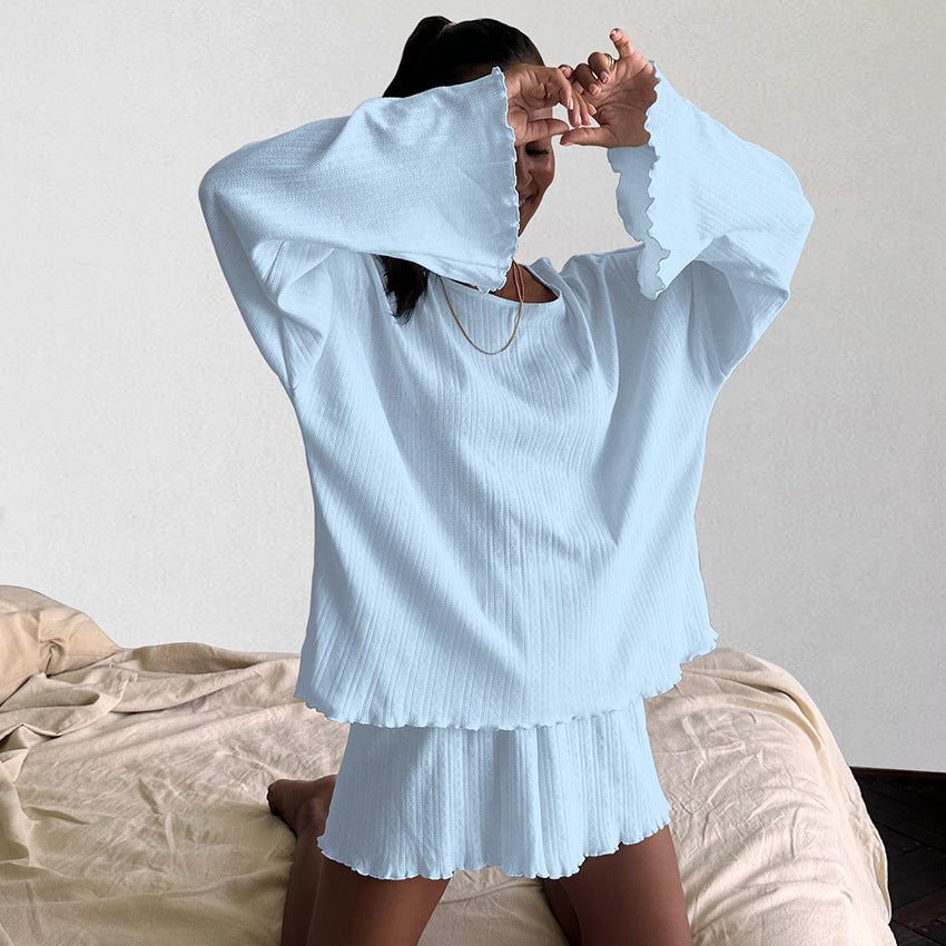 Summer Jacquard Round Neck Breathable Pajamas Two Piece Set Loose Soft Comfortable Ladies Homewear